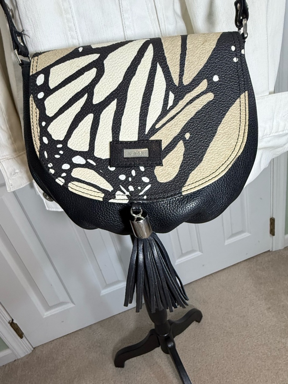 Leather Crossbody Bag with Butterfly Print Black & Cream by Pineda Covalin - Picture 2 of 13